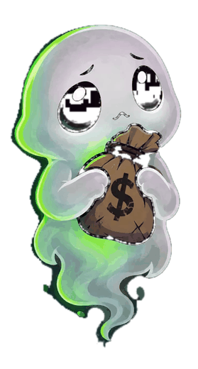 Ghouli, a small ghost holding a money bag